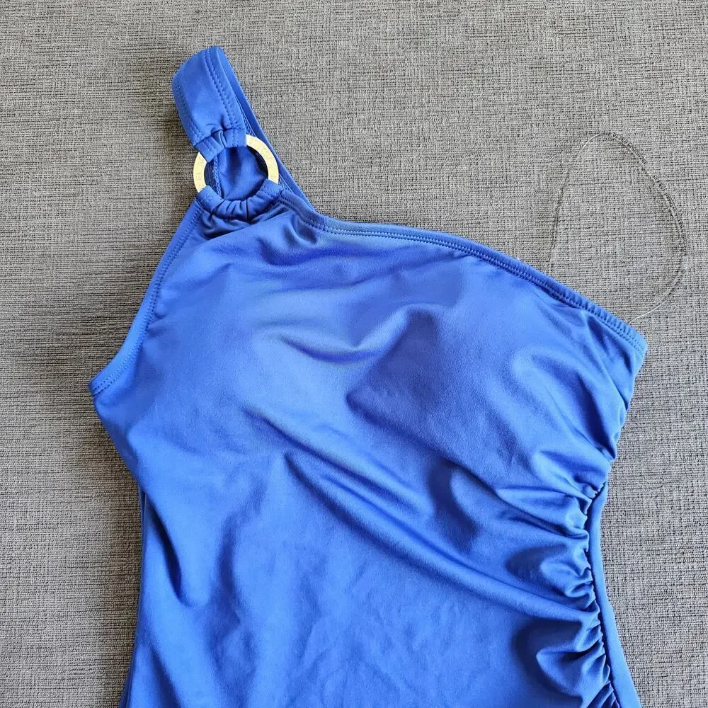 Michael Kors women's blue one-piece swimsuit gold logo ring one shoulder Size 10
